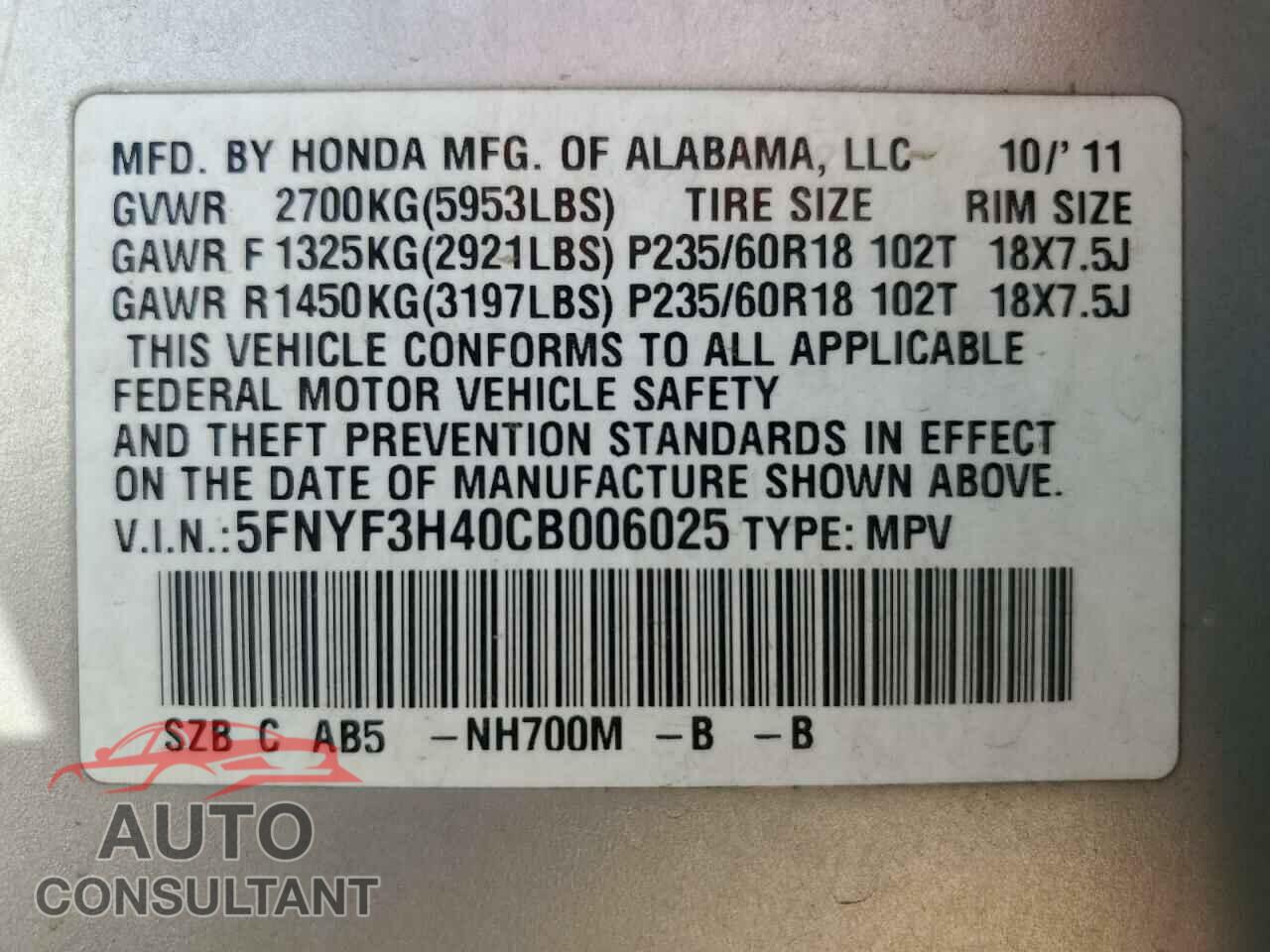 HONDA PILOT 2012 - 5FNYF3H40CB006025