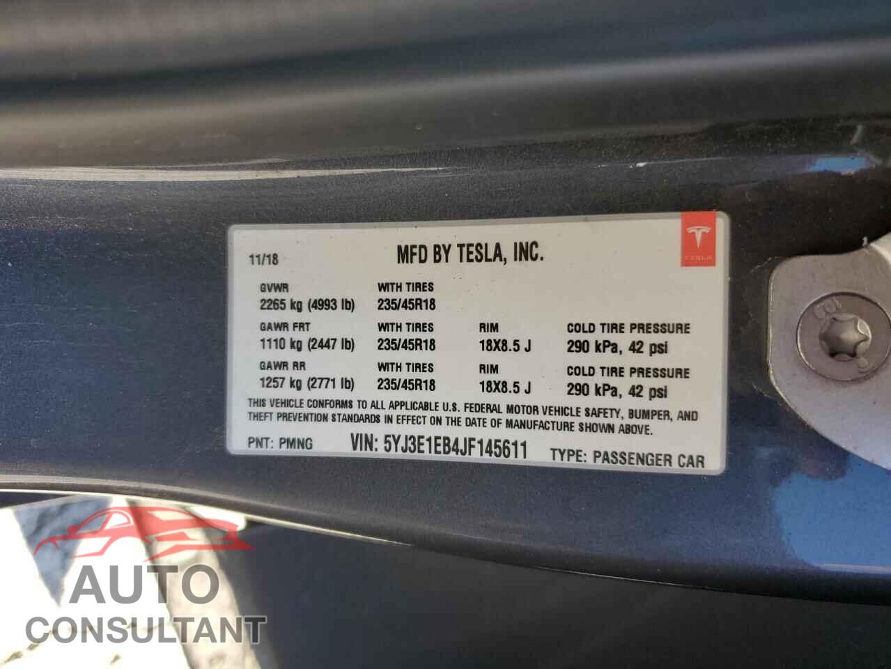 TESLA MODEL 3 2018 - 5YJ3E1EB4JF145611