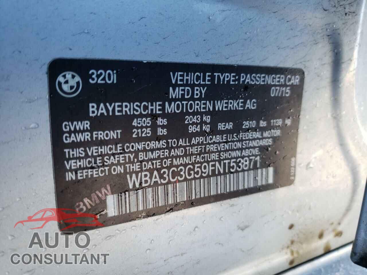 BMW 3 SERIES 2015 - WBA3C3G59FNT53871