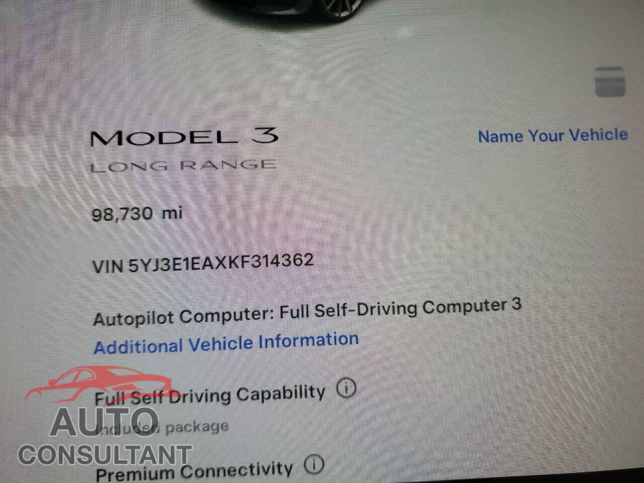 TESLA MODEL 3 2019 - 5YJ3E1EAXKF314362