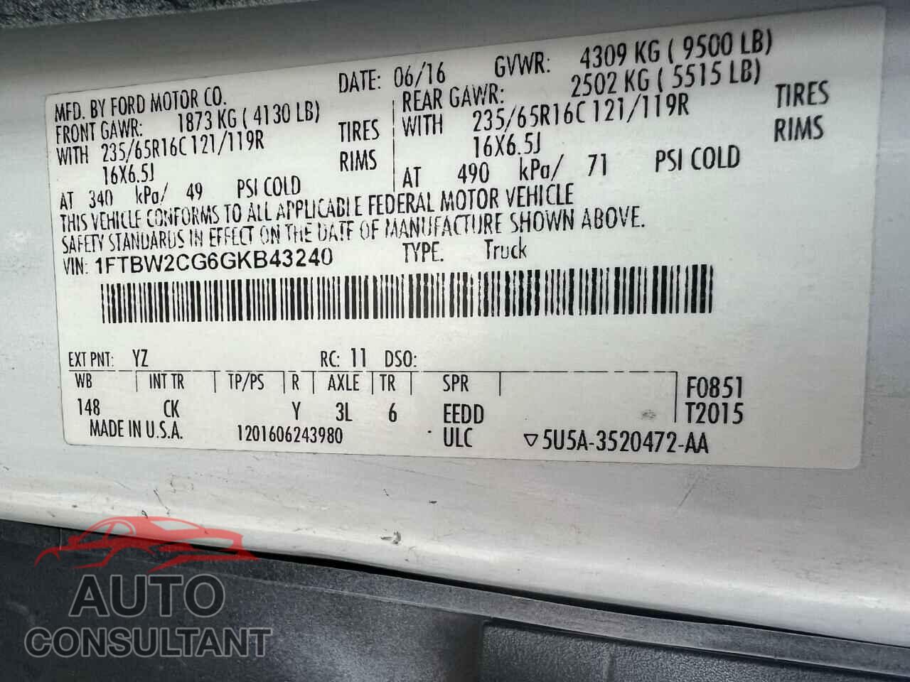 FORD TRANSIT 2016 - 1FTBW2CG6GKB43240