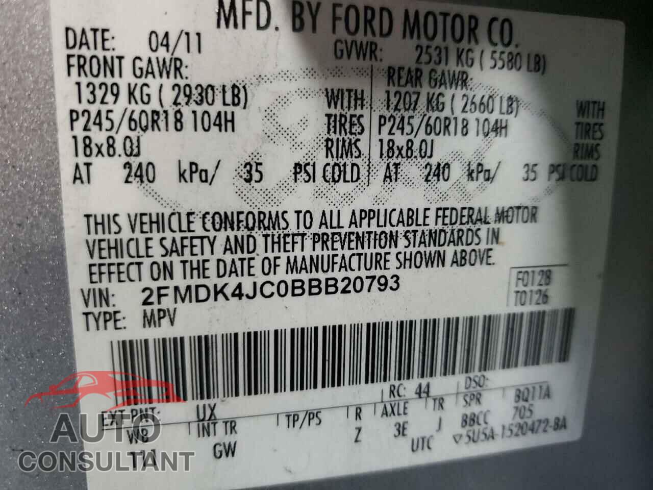 FORD EDGE 2011 - 2FMDK4JC0BBB20793