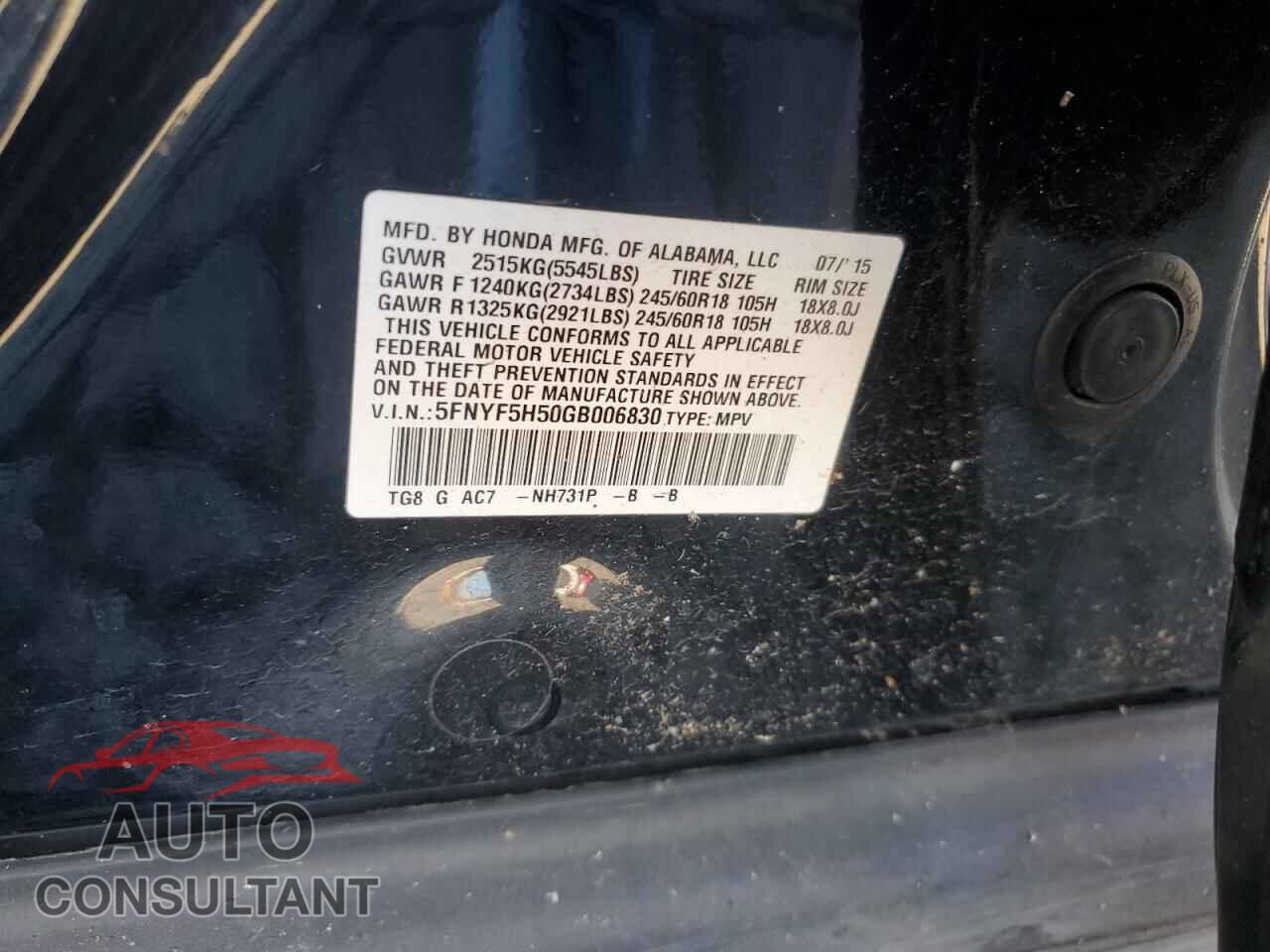 HONDA PILOT 2016 - 5FNYF5H50GB006830