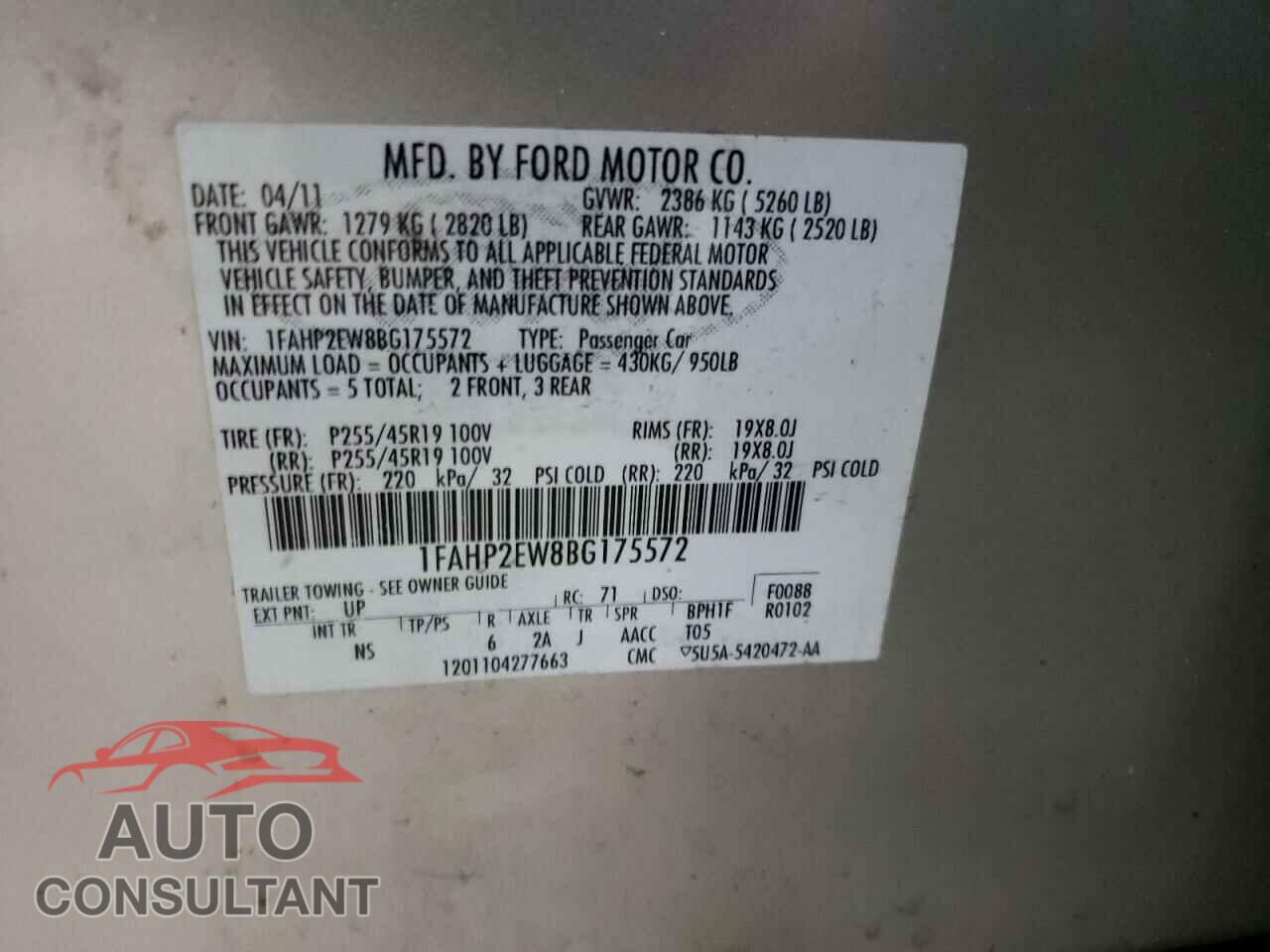 FORD TAURUS 2011 - 1FAHP2EW8BG175572