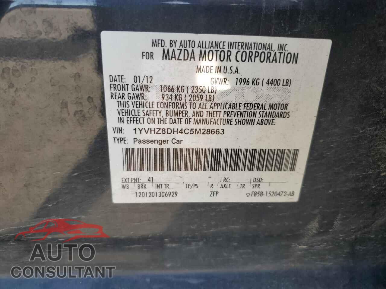 MAZDA 6 2012 - 1YVHZ8DH4C5M28663