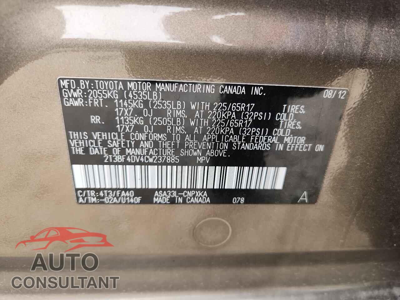 TOYOTA RAV4 2012 - 2T3BF4DV4CW237885