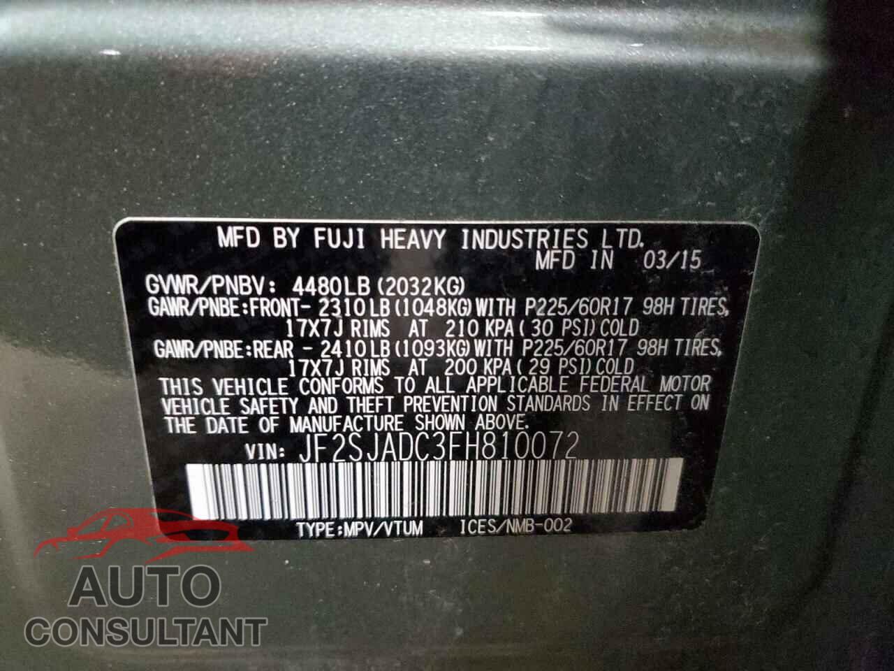 SUBARU FORESTER 2015 - JF2SJADC3FH810072