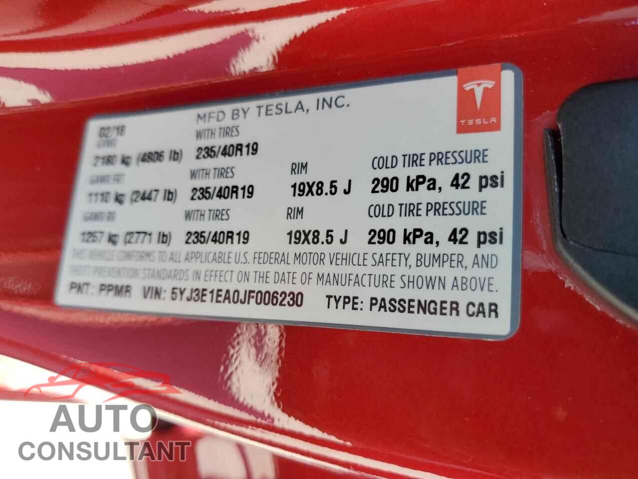 TESLA MODEL 3 2018 - 5YJ3E1EA0JF006230