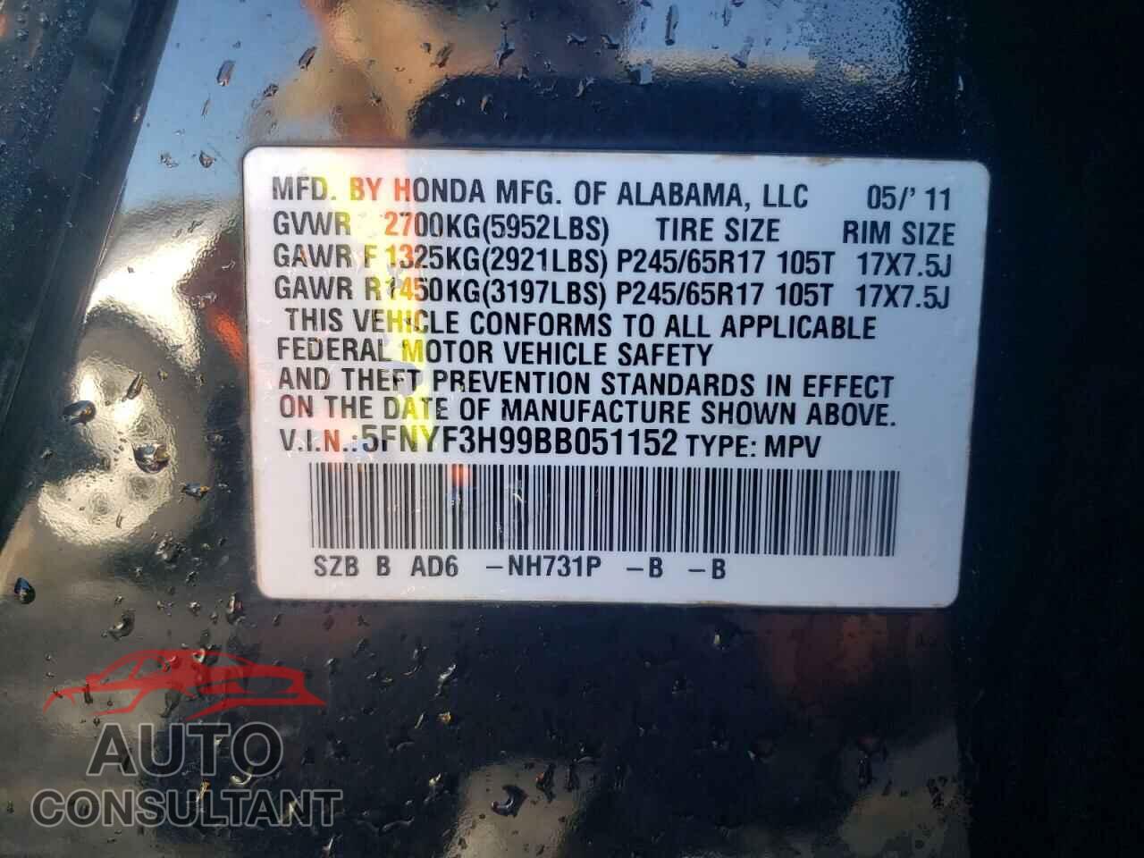 HONDA PILOT 2011 - 5FNYF3H99BB051152