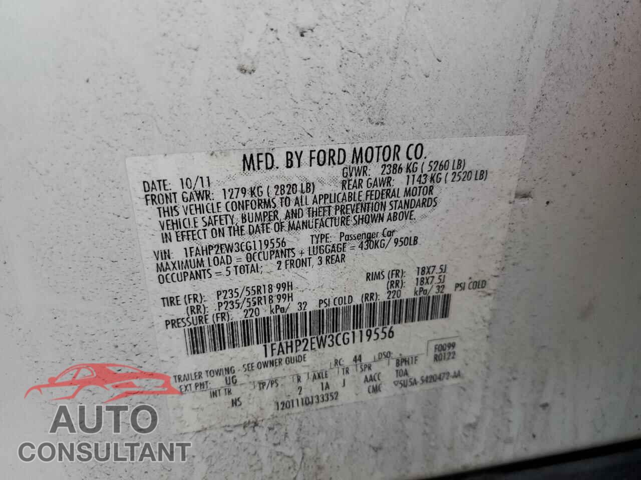 FORD TAURUS 2012 - 1FAHP2EW3CG119556