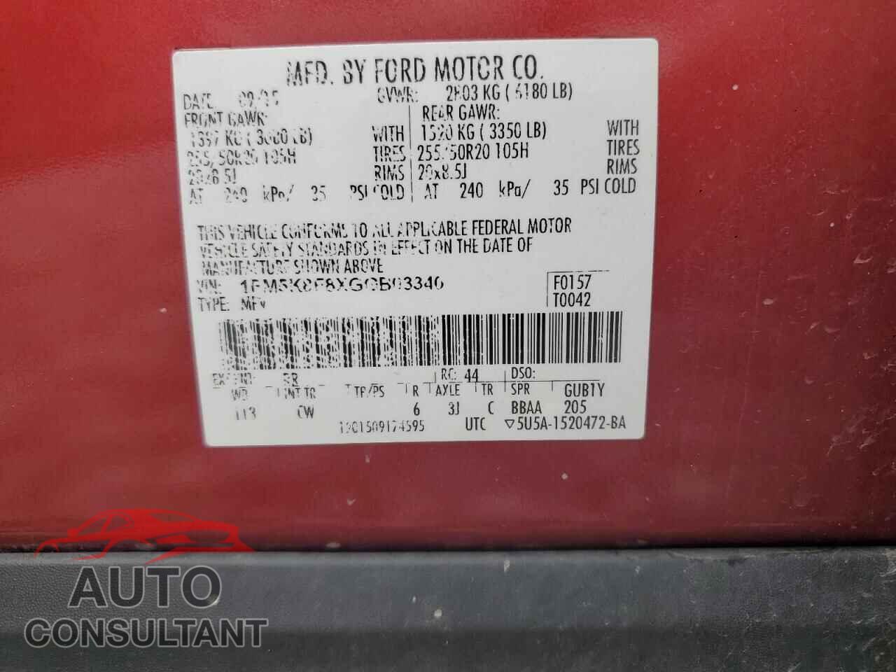 FORD EXPLORER 2016 - 1FM5K8F8XGGB03340
