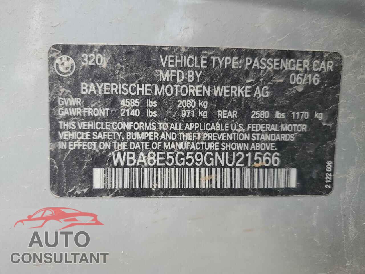 BMW 3 SERIES 2016 - WBA8E5G59GNU21566