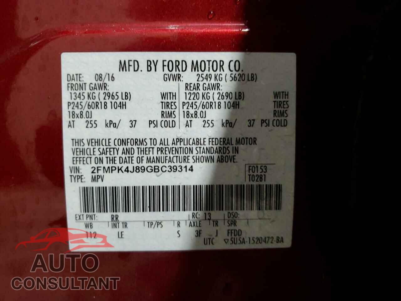FORD EDGE 2016 - 2FMPK4J89GBC39314