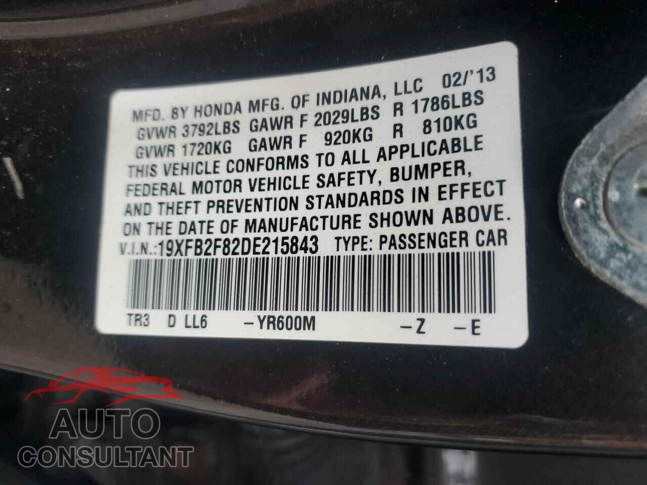 HONDA CIVIC 2013 - 19XFB2F82DE215843