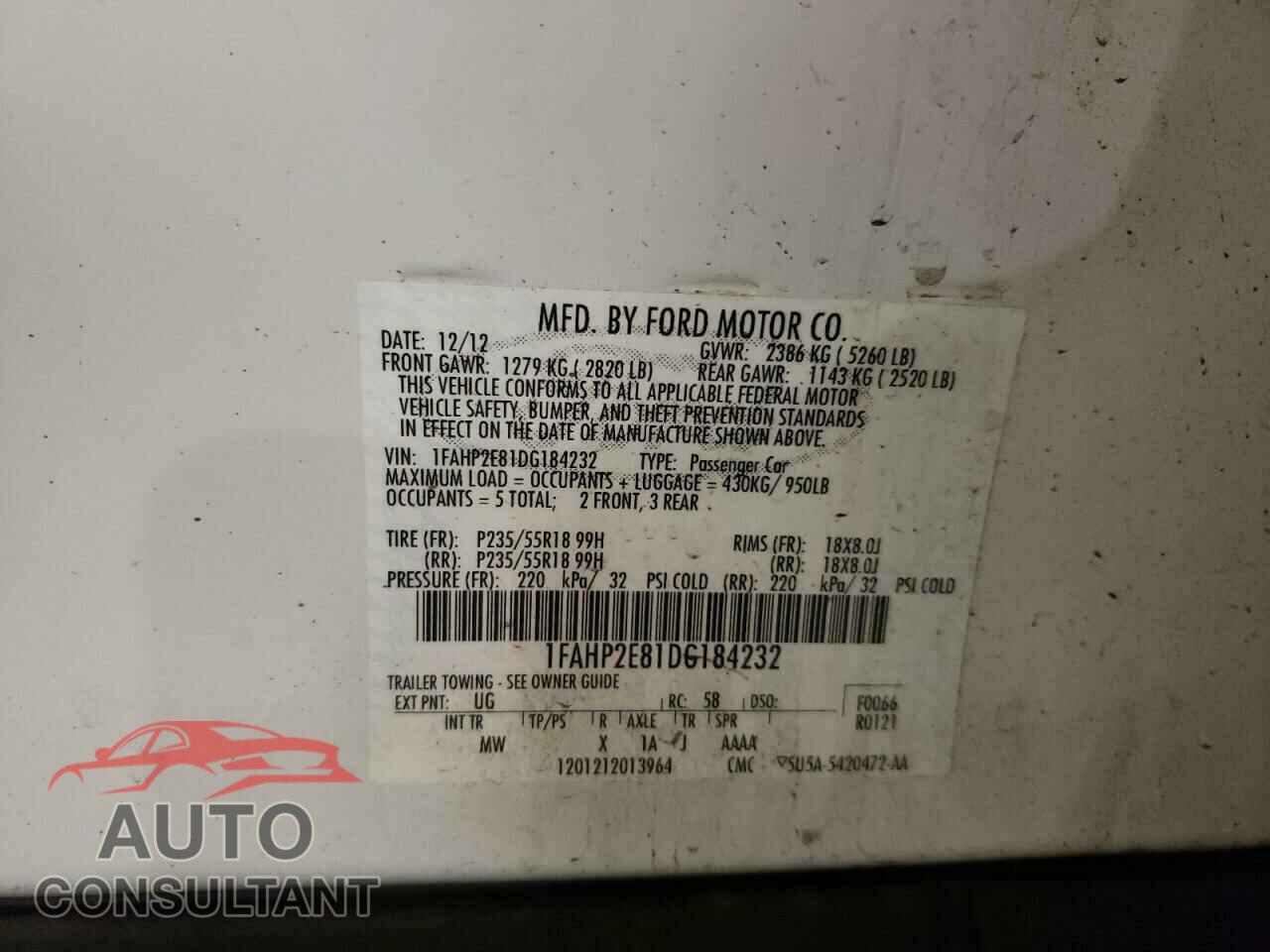FORD TAURUS 2013 - 1FAHP2E81DG184232
