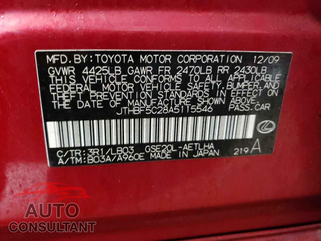 LEXUS IS 2010 - JTHBF5C28A5115546