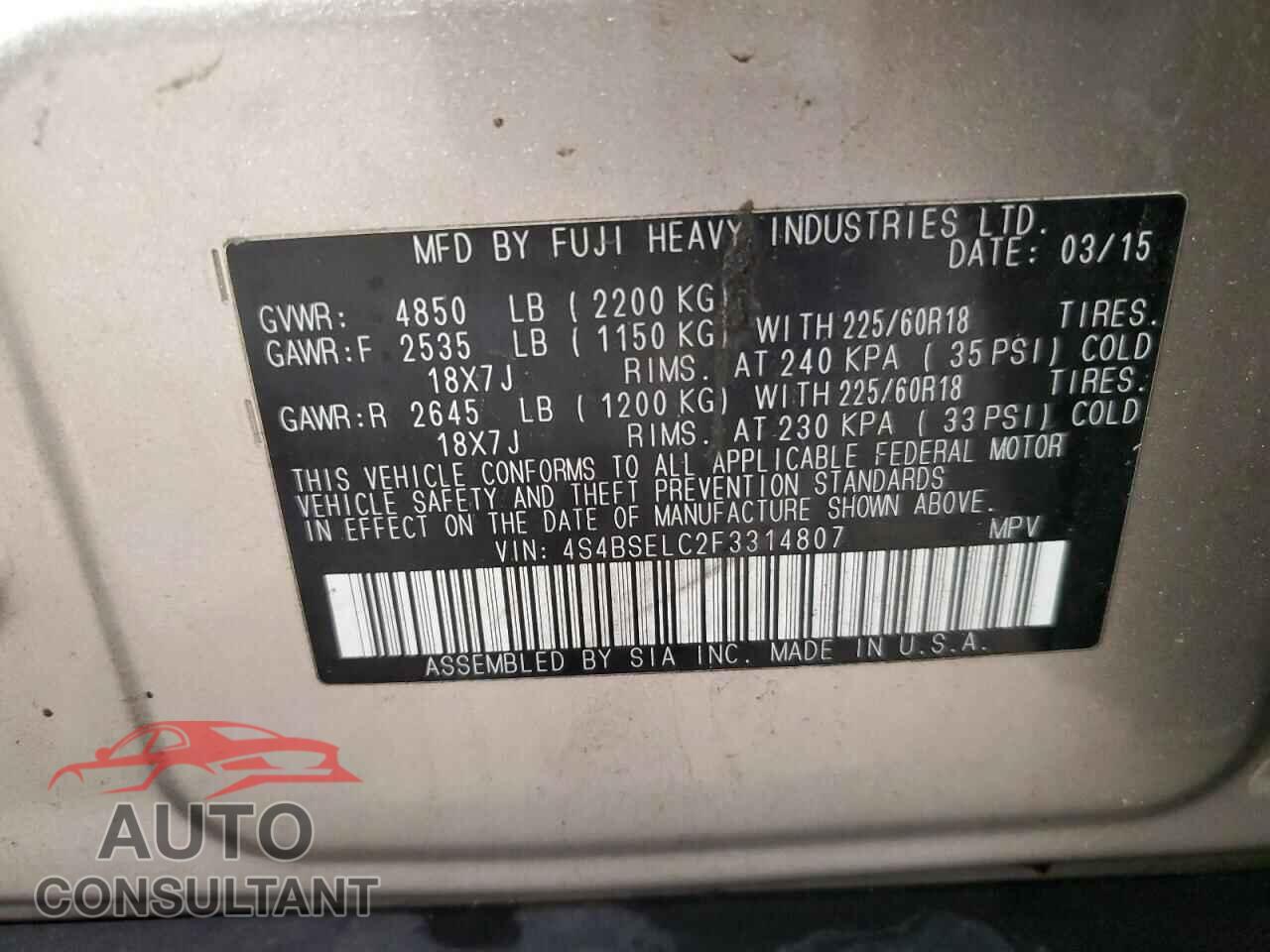 SUBARU OUTBACK 2015 - 4S4BSELC2F3314807