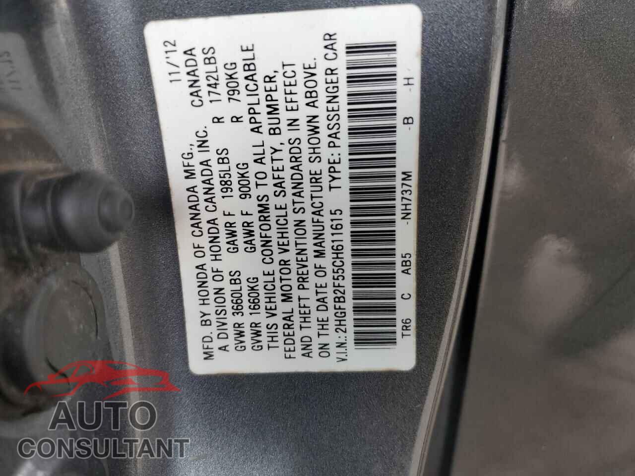 HONDA CIVIC 2012 - 2HGFB2F55CH611615