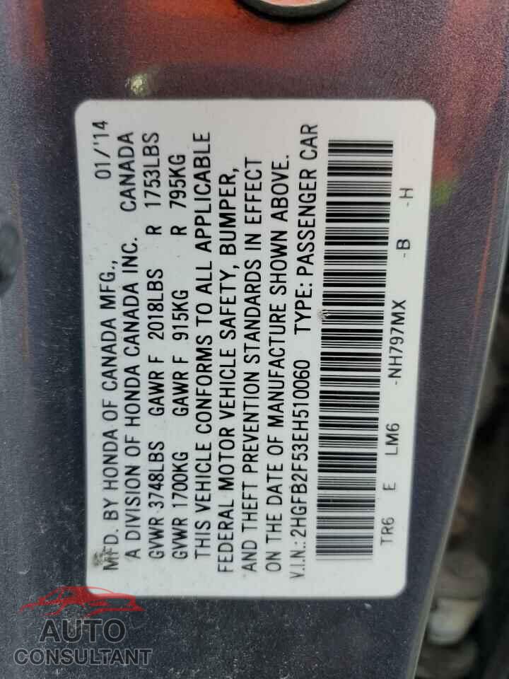 HONDA CIVIC 2014 - 2HGFB2F53EH510060