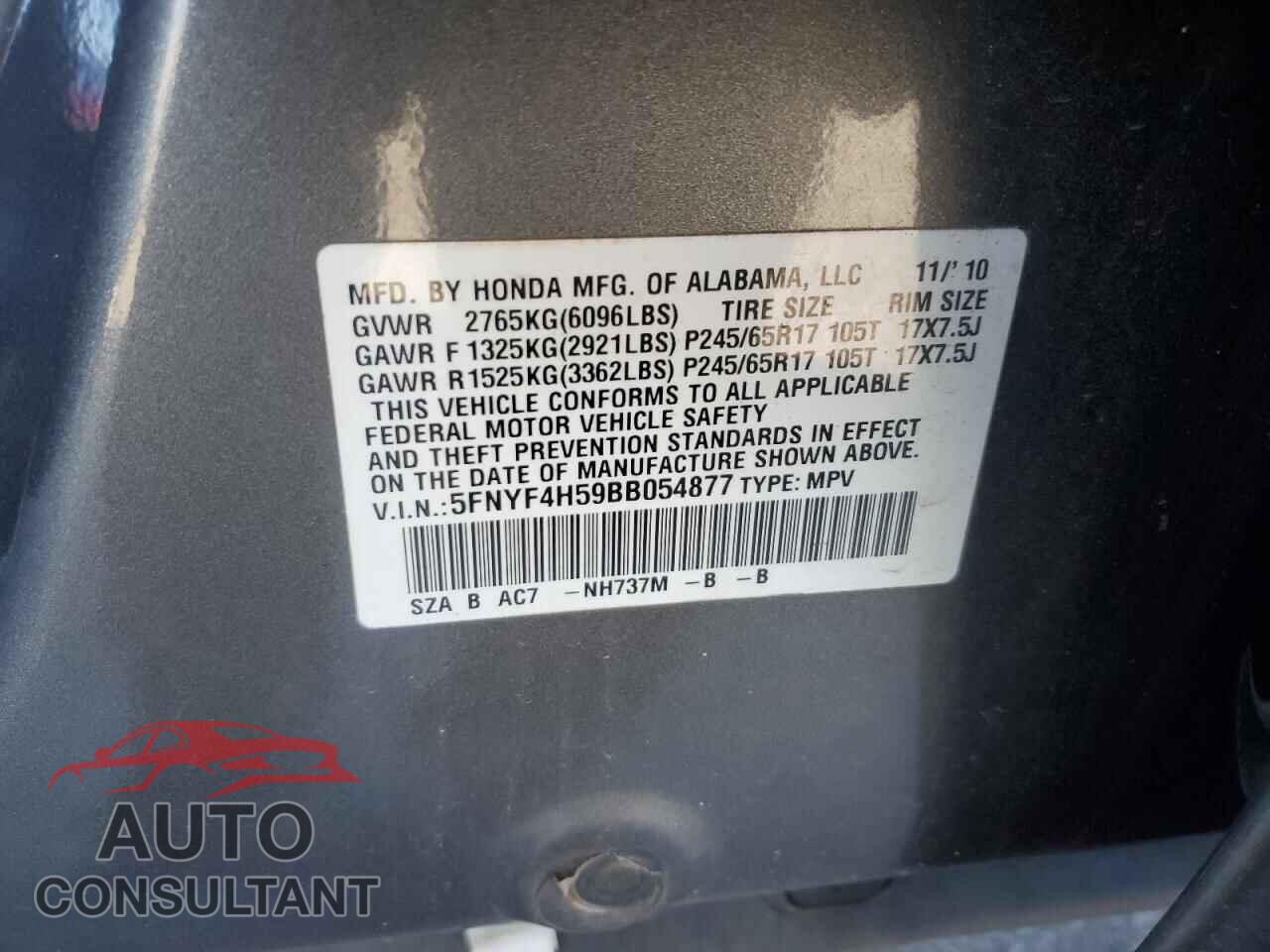 HONDA PILOT 2011 - 5FNYF4H59BB054877