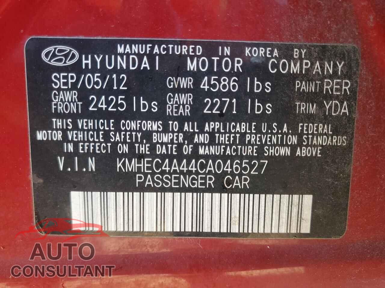 HYUNDAI SONATA 2012 - KMHEC4A44CA046527