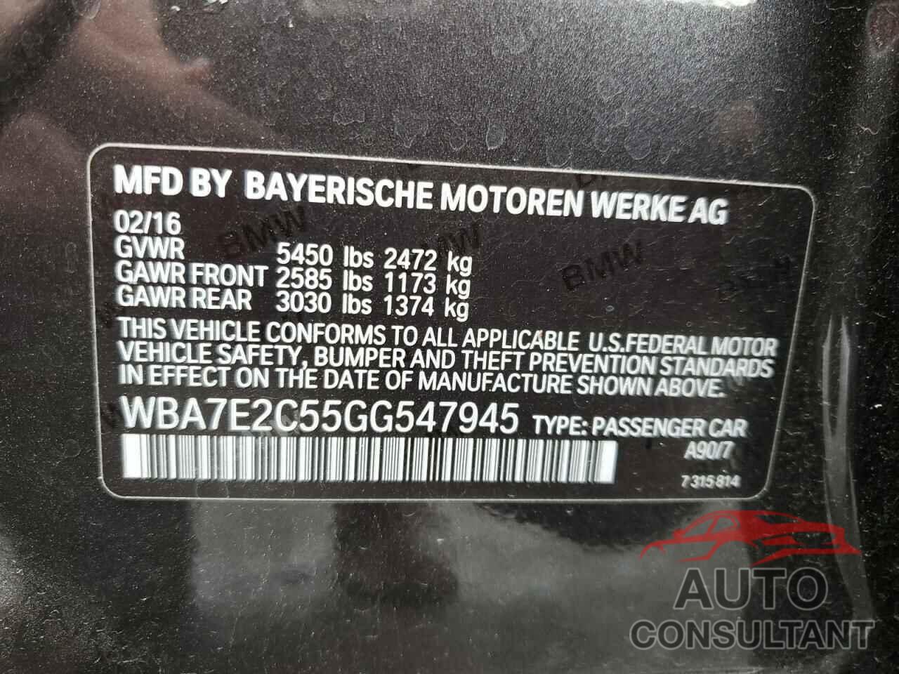 BMW 7 SERIES 2016 - WBA7E2C55GG547945