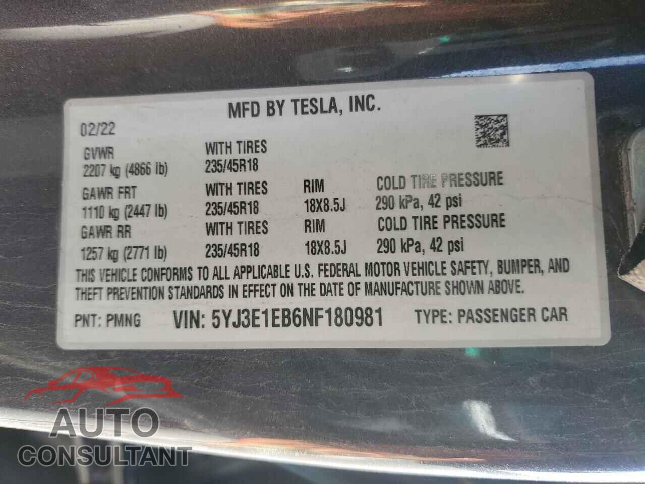 TESLA MODEL 3 2022 - 5YJ3E1EB6NF180981