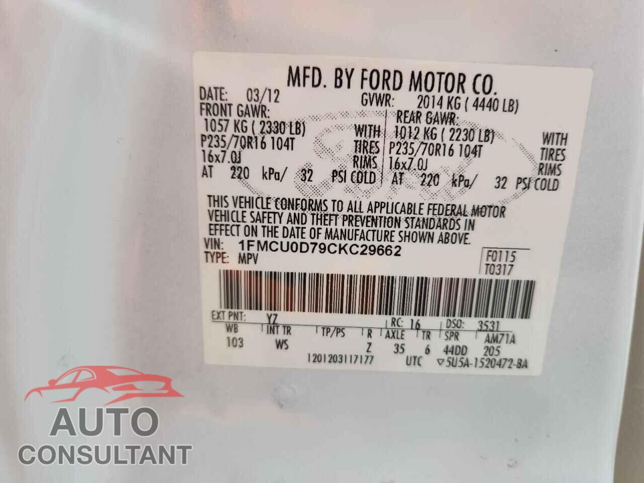 FORD ESCAPE 2012 - 1FMCU0D79CKC29662