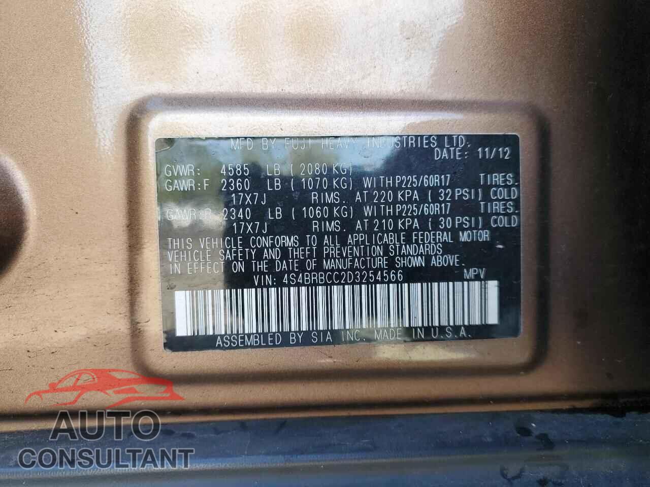 SUBARU OUTBACK 2013 - 4S4BRBCC2D3254566