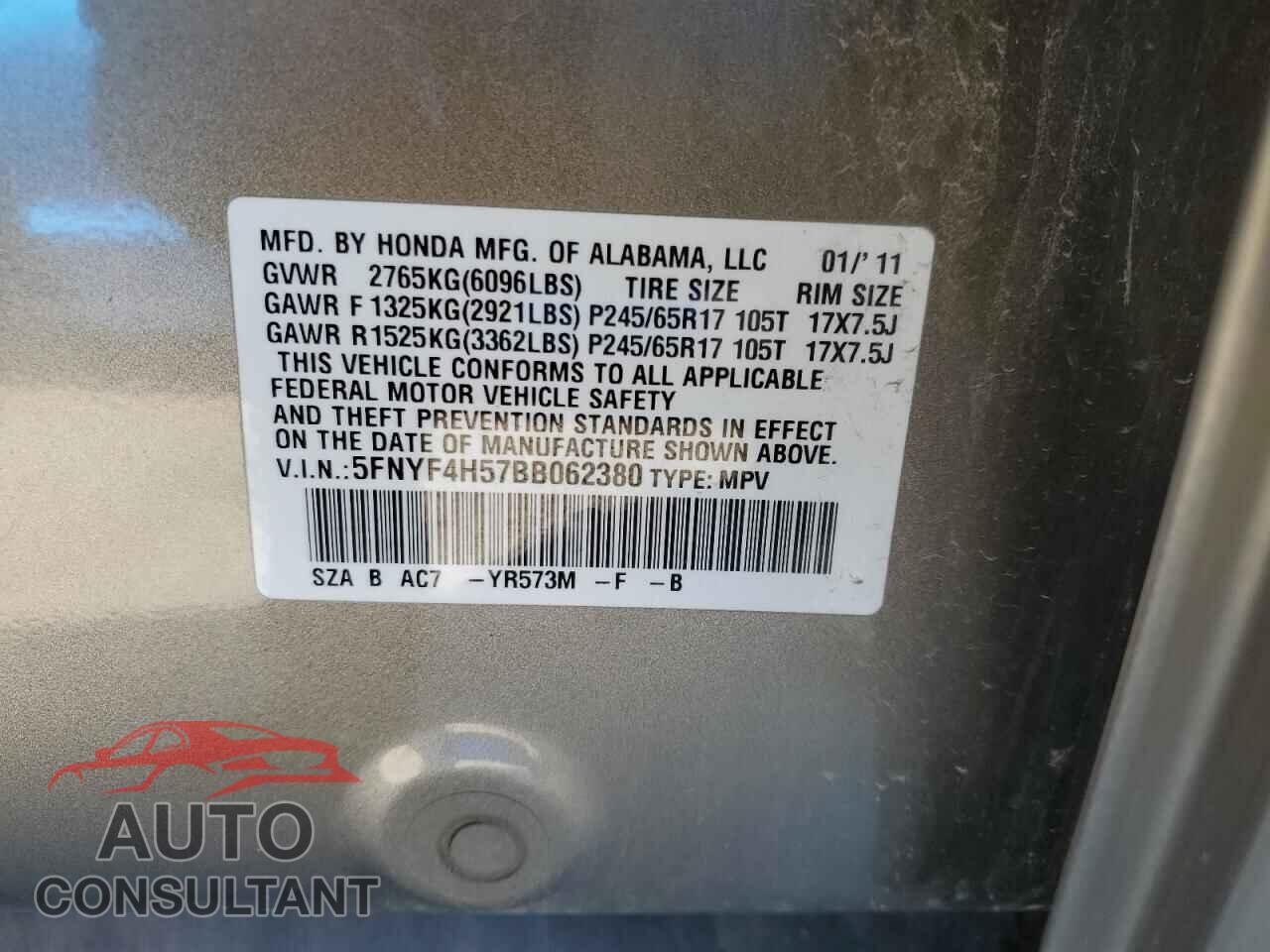 HONDA PILOT 2011 - 5FNYF4H57BB062380