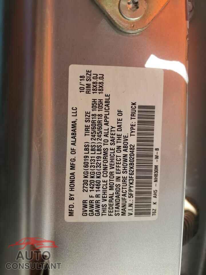 HONDA RIDGELINE 2019 - 5FPYK3F62KB020482