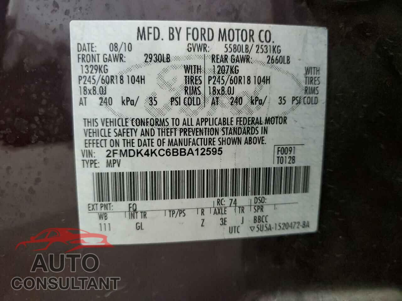 FORD EDGE 2011 - 2FMDK4KC6BBA12595