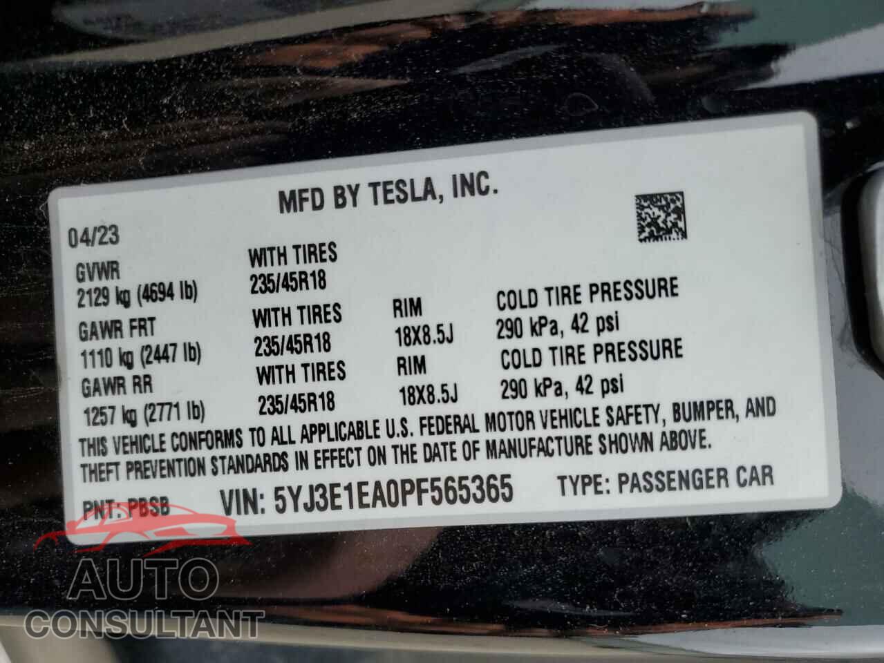 TESLA MODEL 3 2023 - 5YJ3E1EA0PF565365