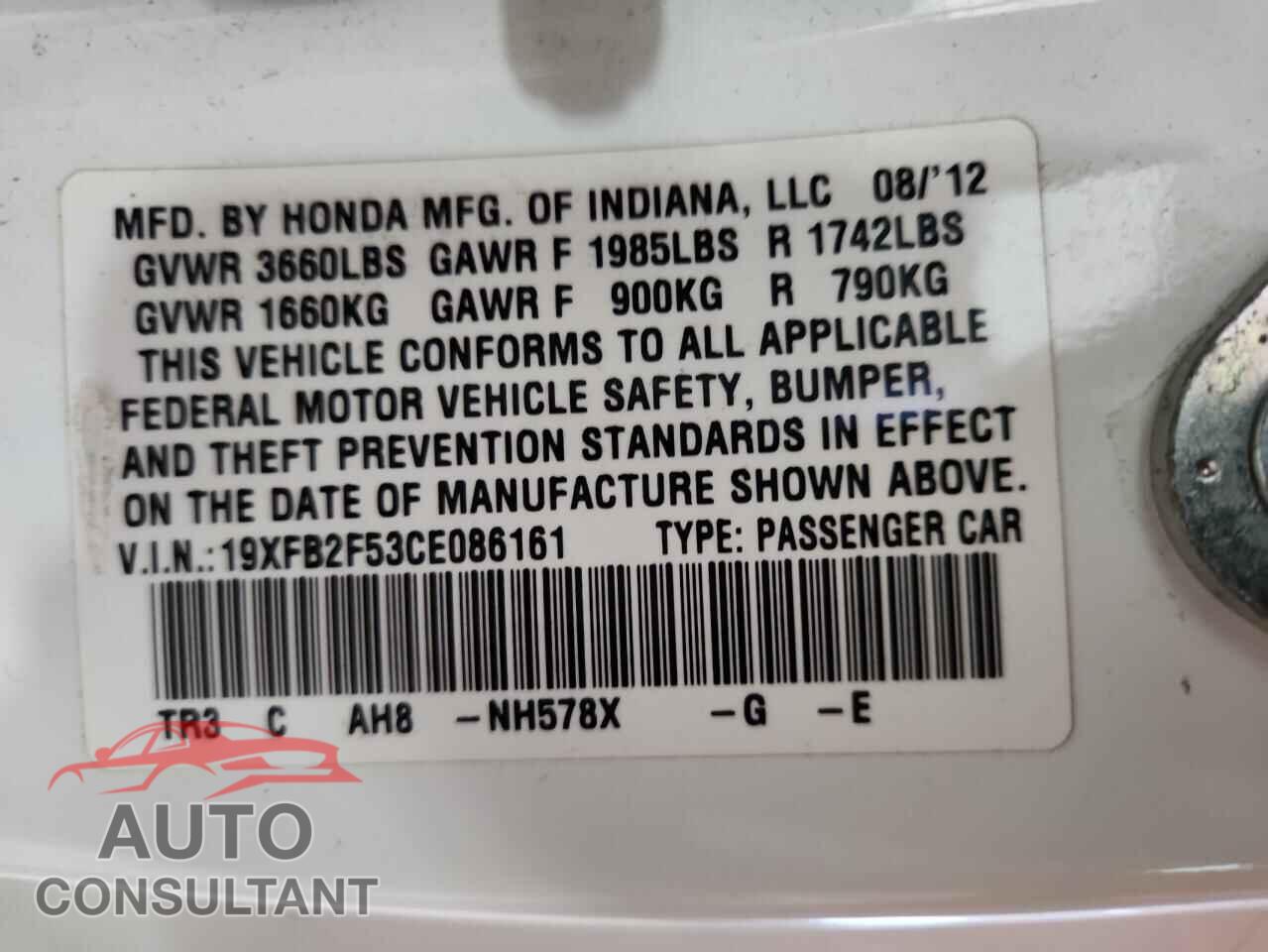HONDA CIVIC 2012 - 19XFB2F53CE086161