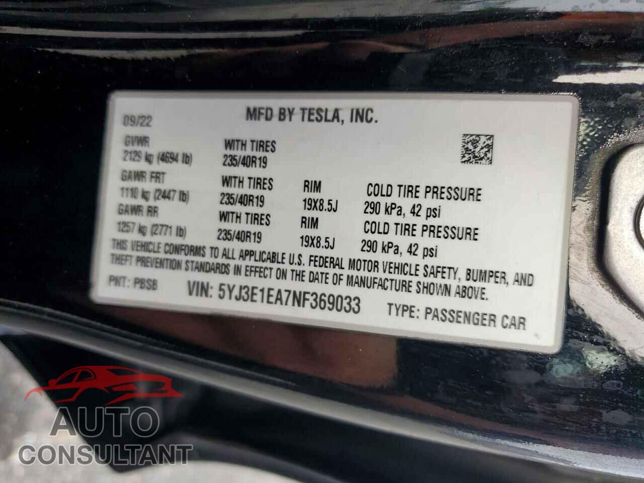 TESLA MODEL 3 2022 - 5YJ3E1EA7NF369033