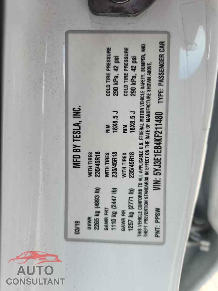 TESLA MODEL 3 2019 - 5YJ3E1EB4KF211480