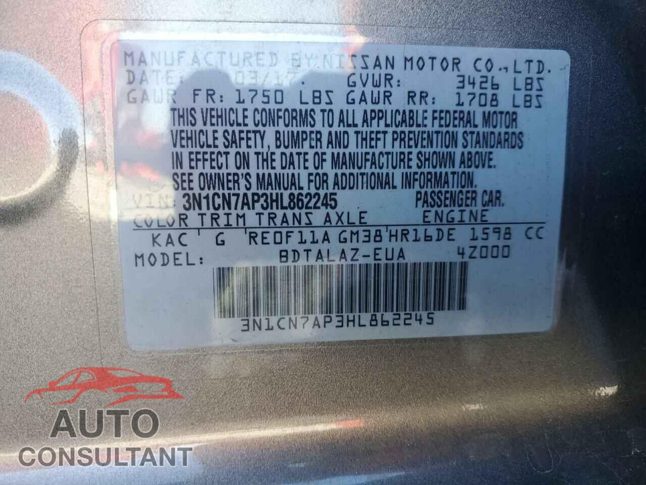 NISSAN VERSA 2017 - 3N1CN7AP3HL862245