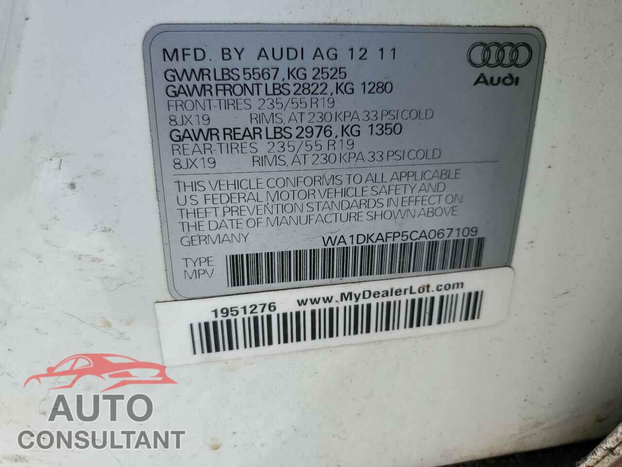 AUDI Q5 2012 - WA1DKAFP5CA067109