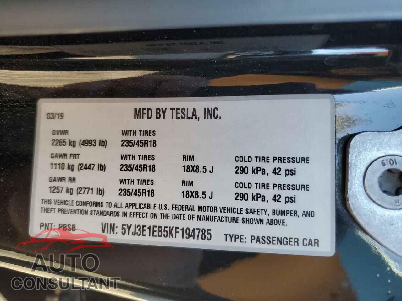 TESLA MODEL 3 2019 - 5YJ3E1EB5KF194785