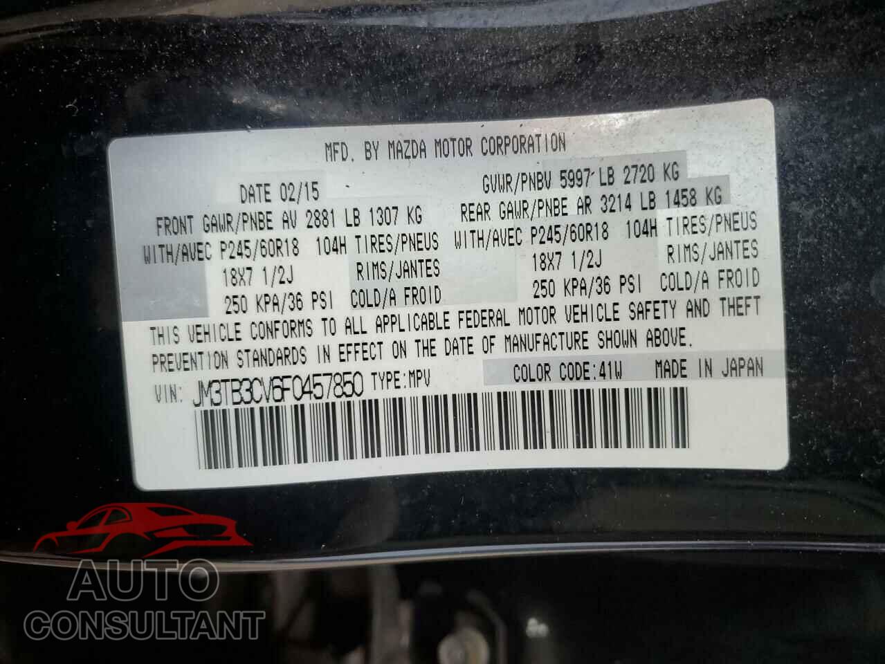 MAZDA CX-9 2015 - JM3TB3CV6F0457850