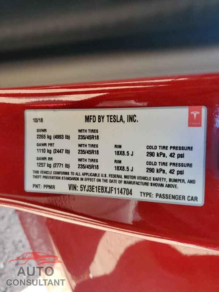 TESLA MODEL 3 2018 - 5YJ3E1EBXJF114704