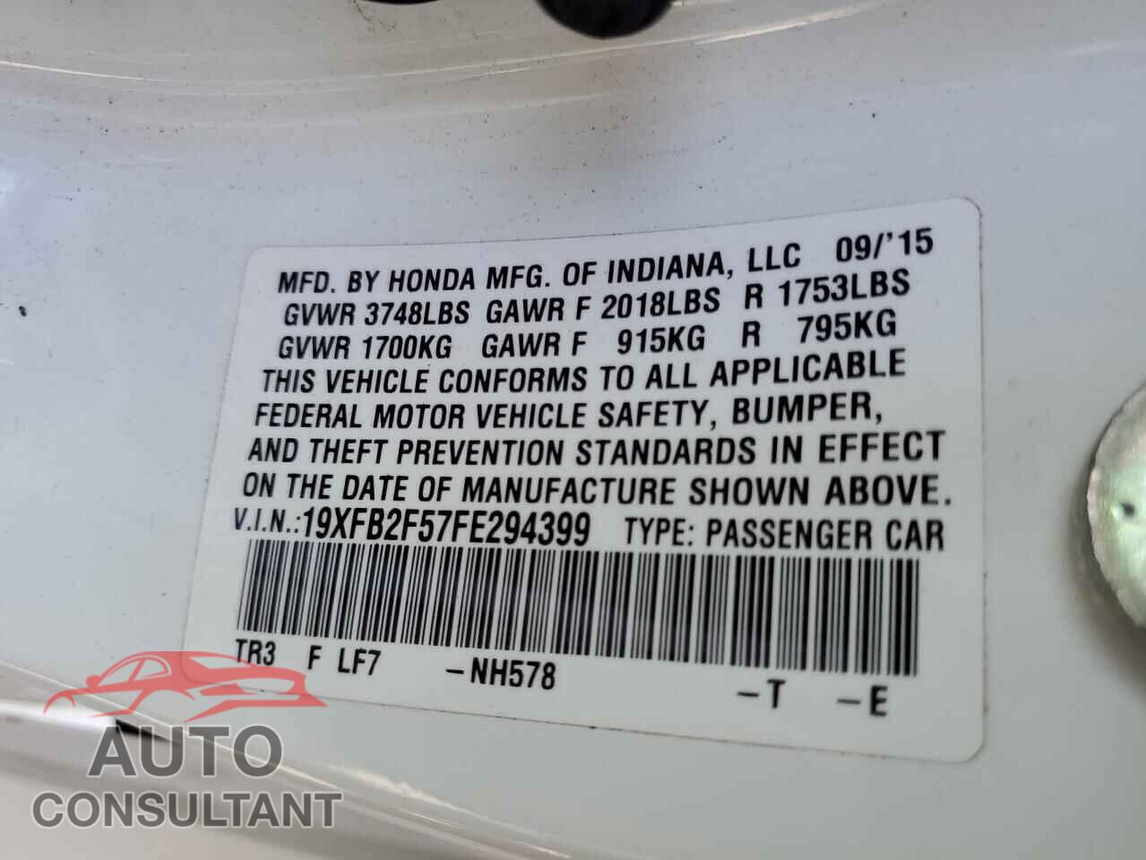 HONDA CIVIC 2015 - 19XFB2F57FE294399