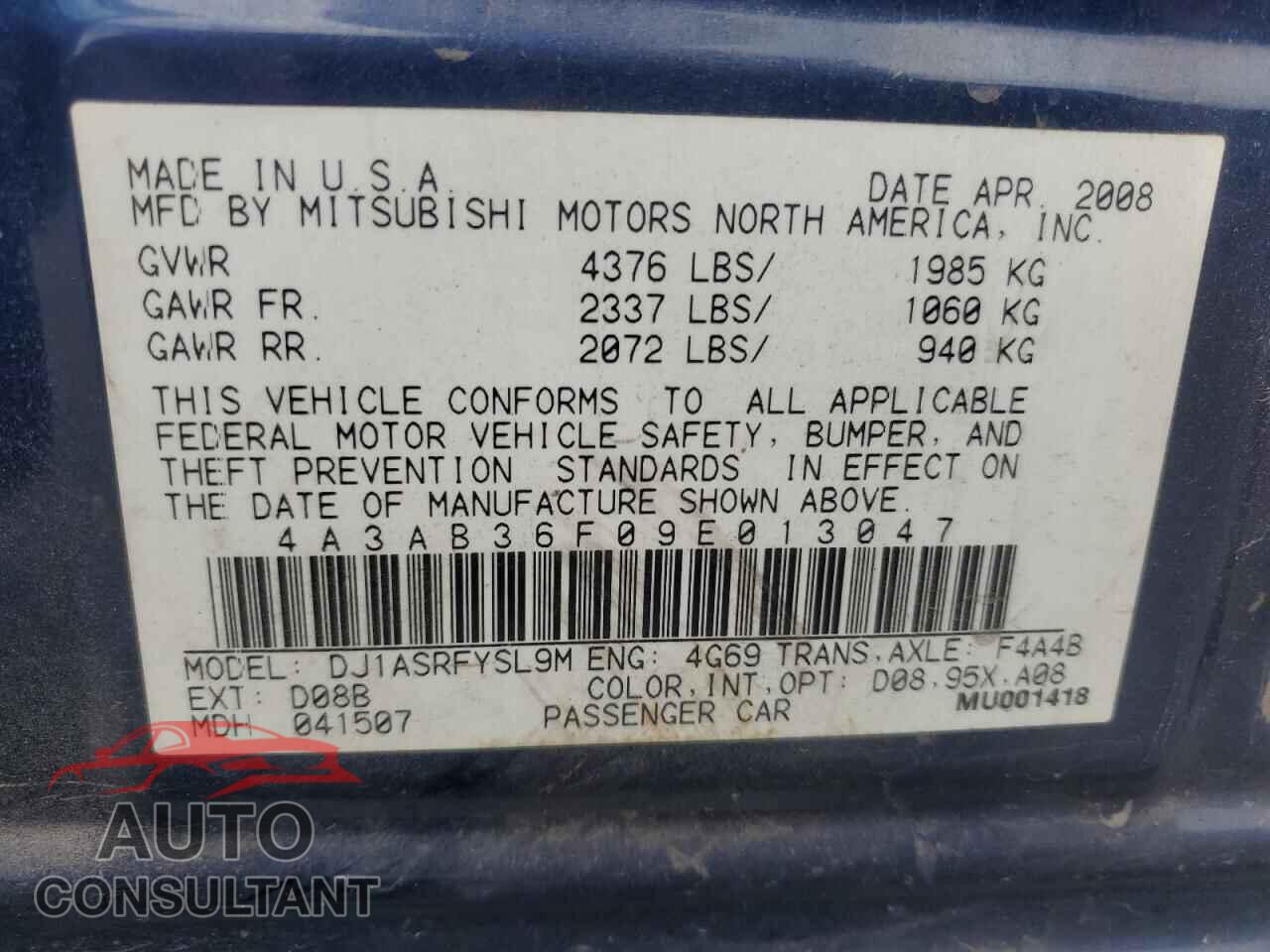 MITSUBISHI GALANT 2009 - 4A3AB36F09E013047