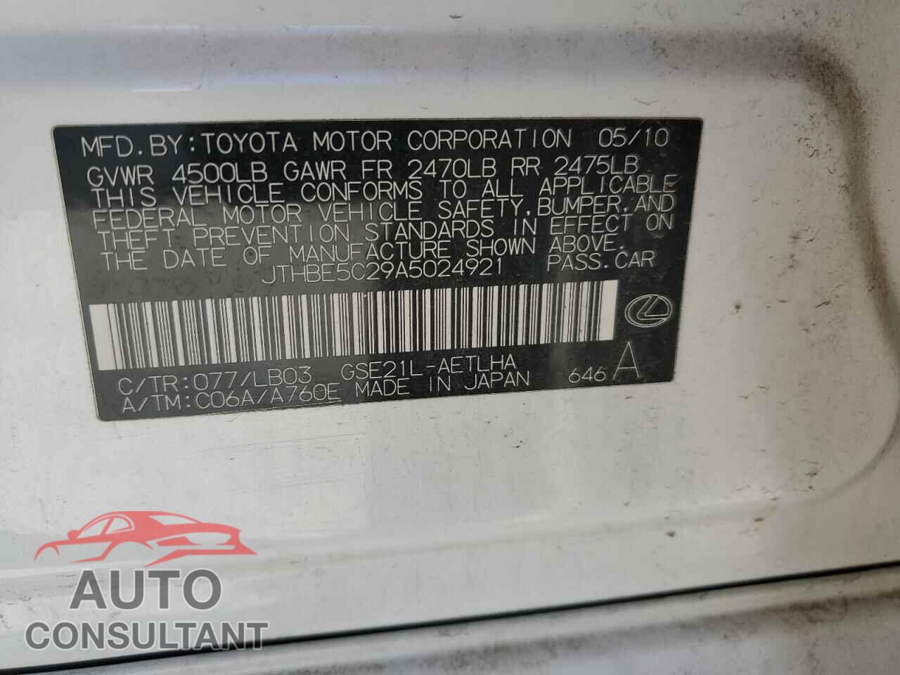 LEXUS IS 2010 - JTHBE5C29A5024921