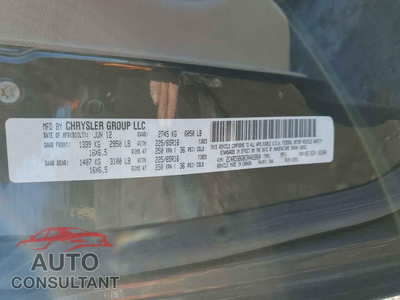DODGE CARAVAN 2012 - 2C4RDGBG8CR402860