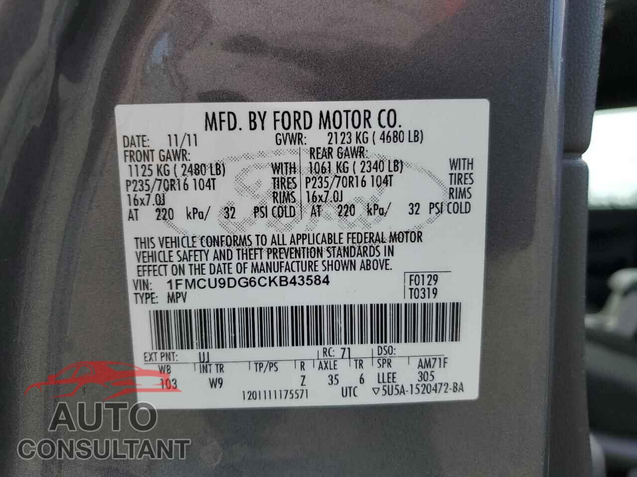 FORD ESCAPE 2012 - 1FMCU9DG6CKB43584