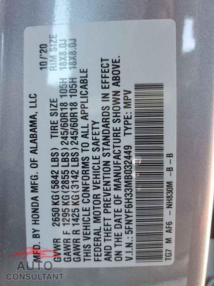 HONDA PILOT 2021 - 5FNYF6H33MB032449