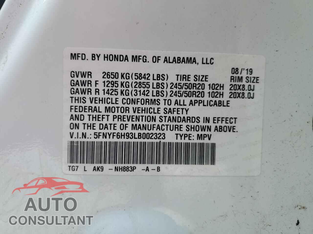 HONDA PILOT 2020 - 5FNYF6H93LB002323
