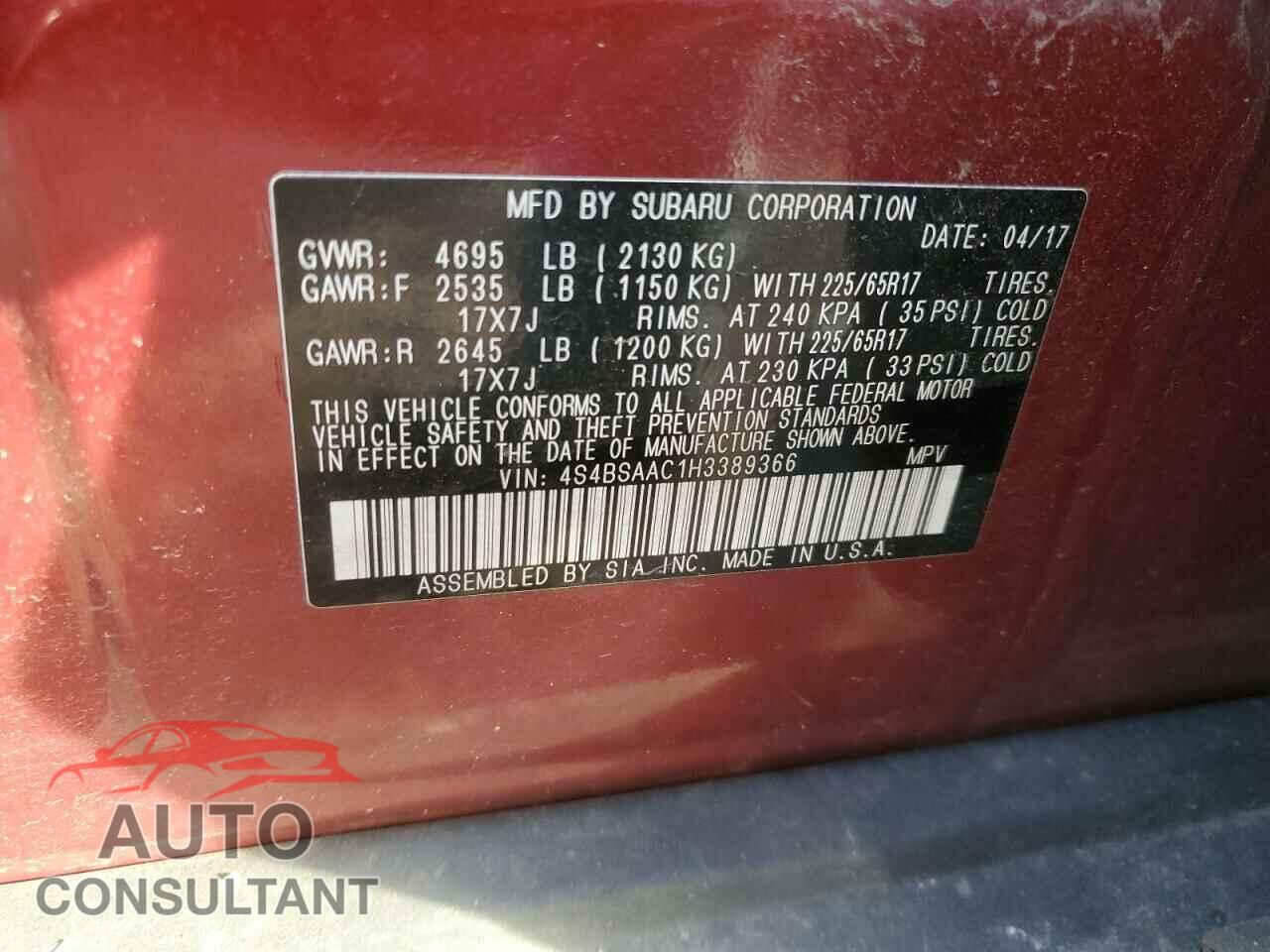 SUBARU OUTBACK 2017 - 4S4BSAAC1H3389366