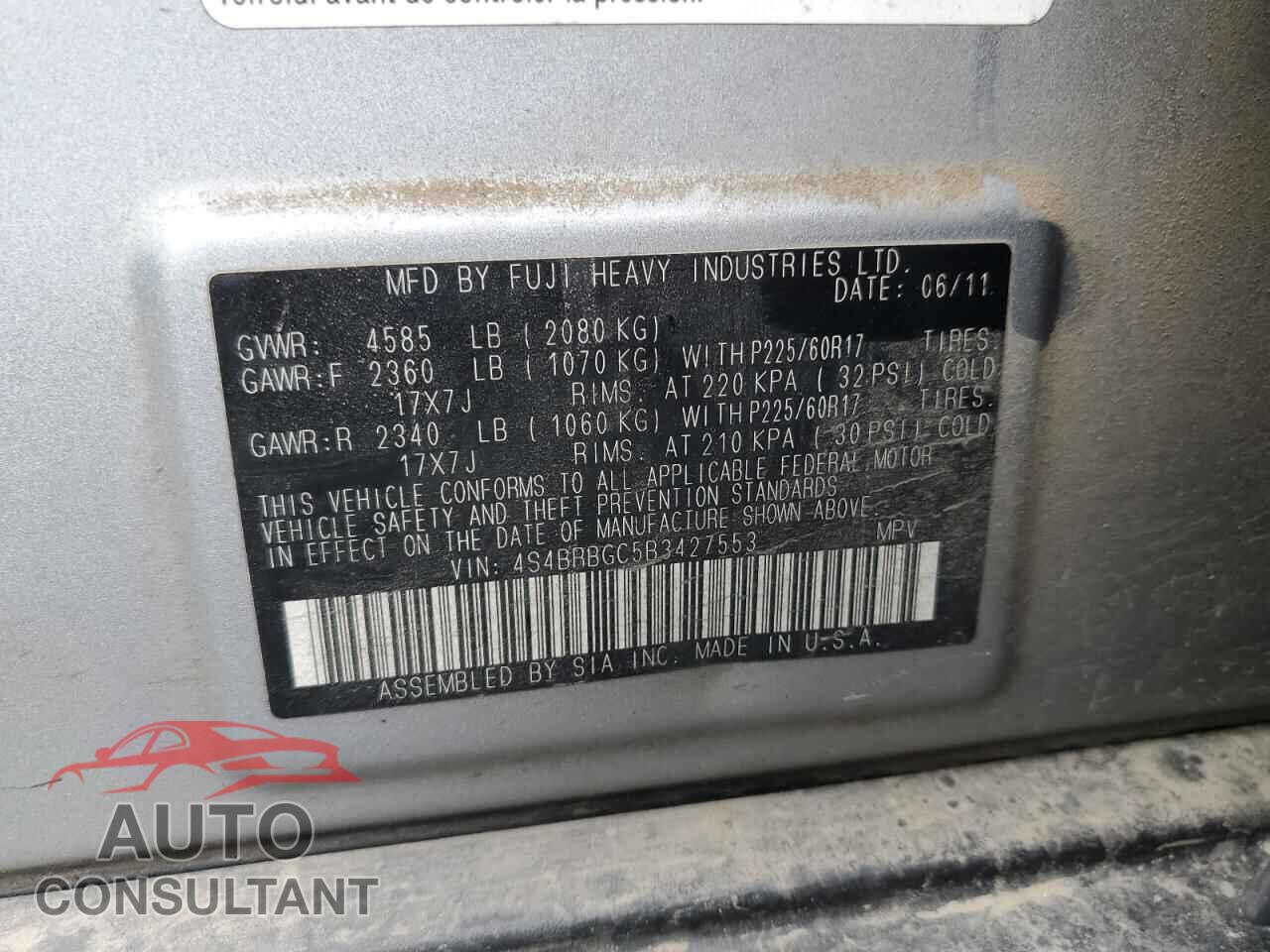 SUBARU OUTBACK 2011 - 4S4BRBGC5B3427553